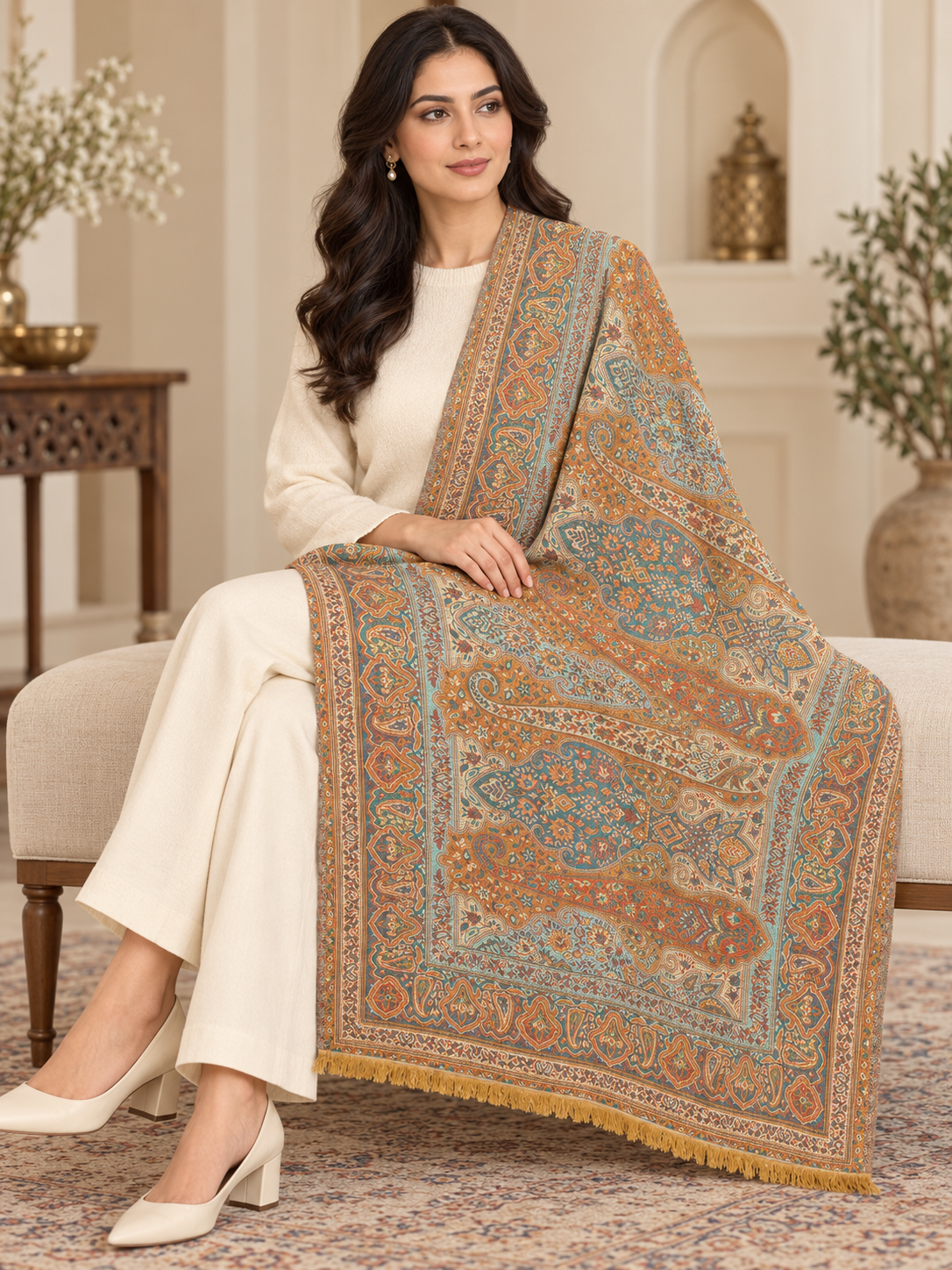 Weavers Villa Ornate Paisley Woven Stole with Elegant Border For Women Soft & Cozy, Lightweight Warmth, Versatile Festive Styling, Reversible Shawl, Viscose Shawl