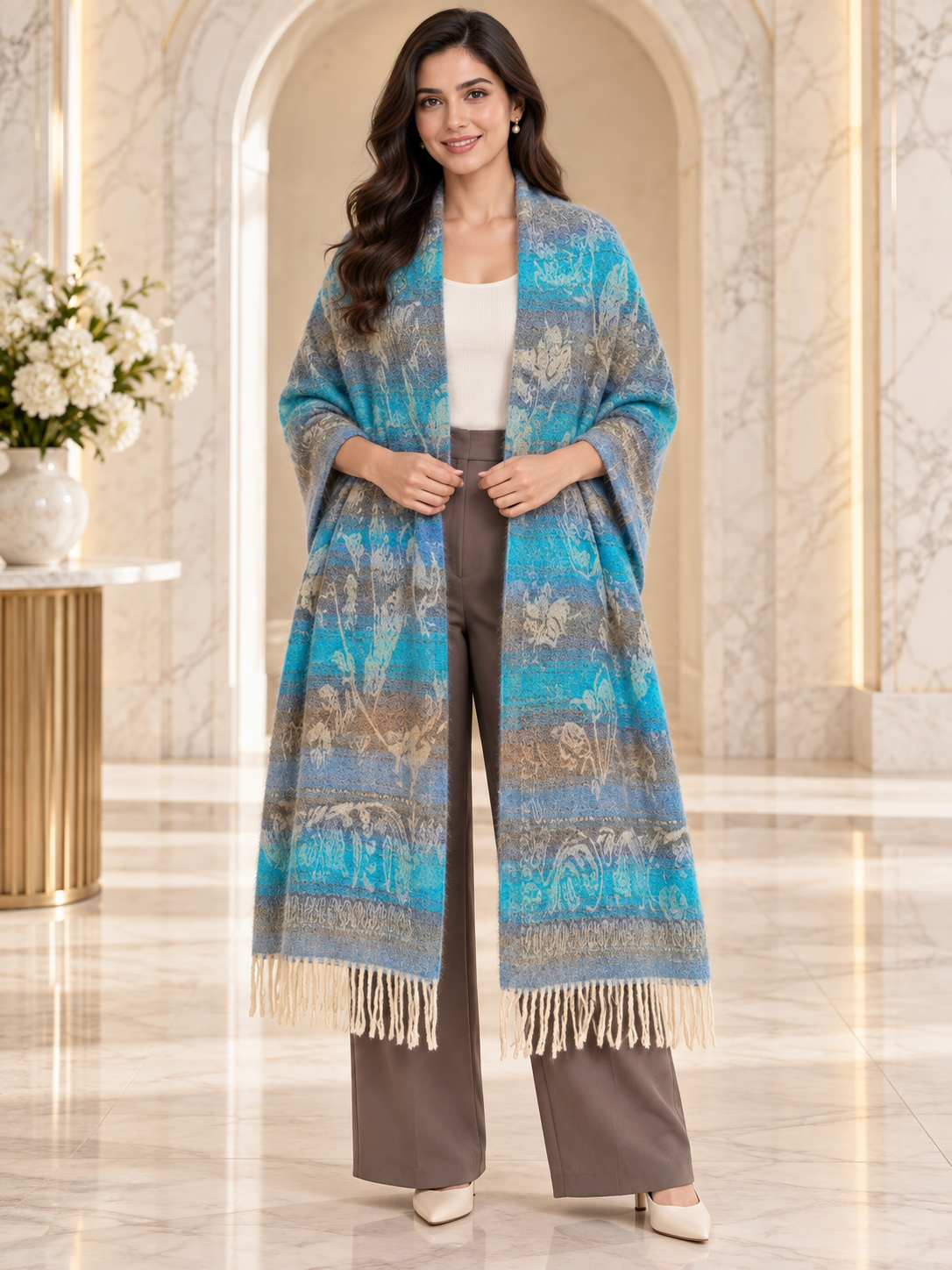 Weavers Villa Abstract Striped Woven Shawl with Fringe Finish For Women Soft Textured Feel, Lightweight Comfort , Easy Layering, Versatile Everyday Styling