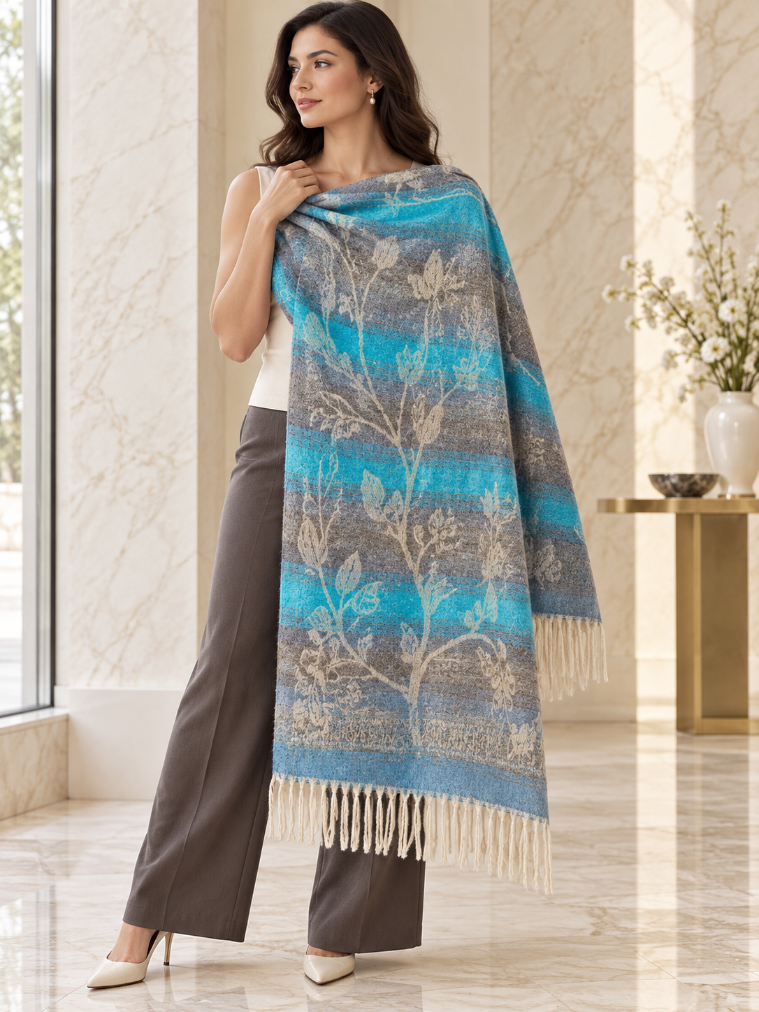 Weavers Villa Abstract Striped Woven Shawl with Fringe Finish For Women Soft Textured Feel, Lightweight Comfort , Easy Layering, Versatile Everyday Styling