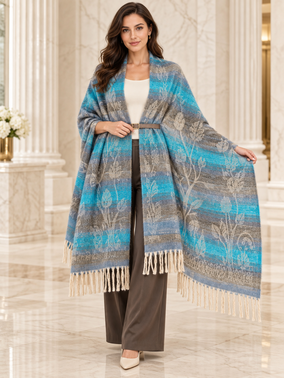 Weavers Villa Abstract Striped Woven Shawl with Fringe Finish For Women Soft Textured Feel, Lightweight Comfort , Easy Layering, Versatile Everyday Styling