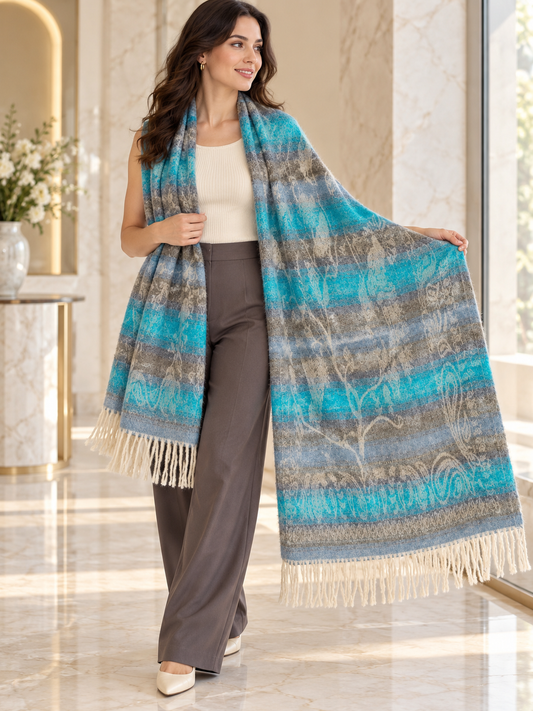 Weavers Villa Abstract Striped Woven Shawl with Fringe Finish For Women Soft Textured Feel, Lightweight Comfort , Easy Layering, Versatile Everyday Styling