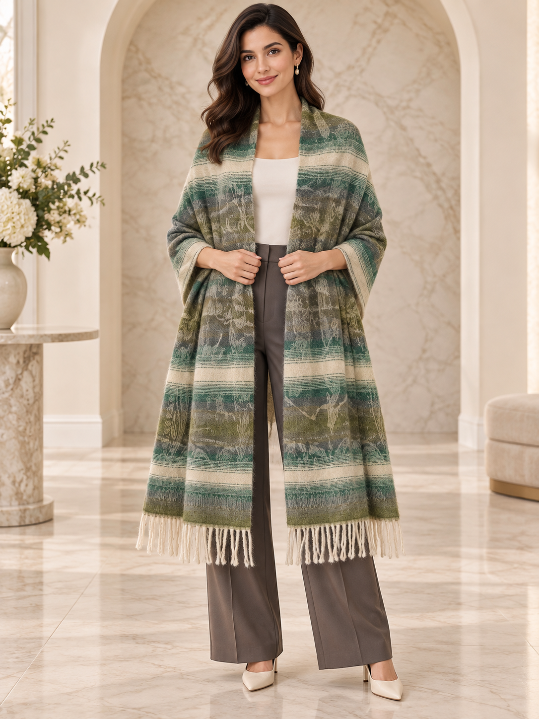 Weavers Villa Abstract Striped Woven Shawl with Fringe Finish For Women Soft Textured Feel, Lightweight Comfort , Easy Layering, Versatile Everyday Styling