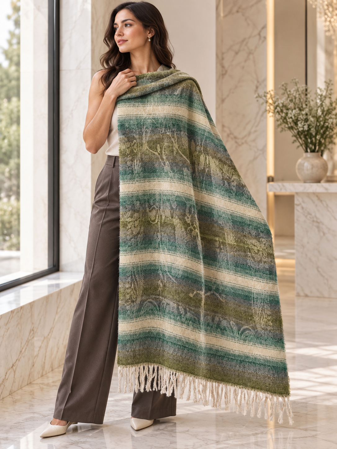 Weavers Villa Abstract Striped Woven Shawl with Fringe Finish For Women Soft Textured Feel, Lightweight Comfort , Easy Layering, Versatile Everyday Styling