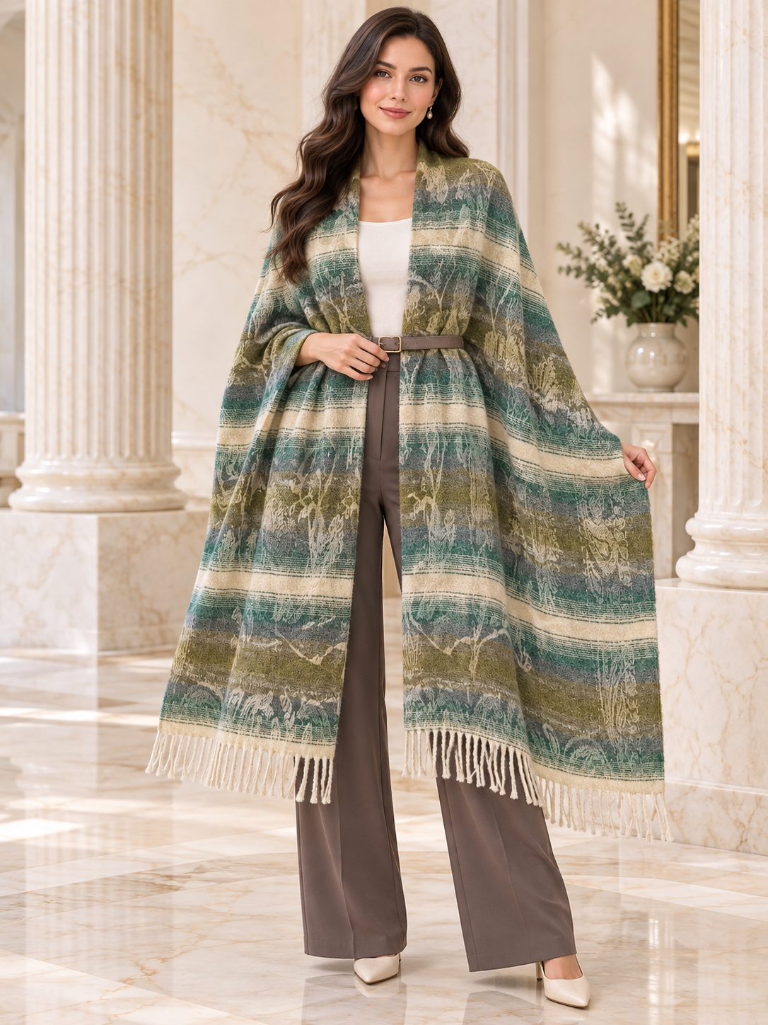 Weavers Villa Abstract Striped Woven Shawl with Fringe Finish For Women Soft Textured Feel, Lightweight Comfort , Easy Layering, Versatile Everyday Styling