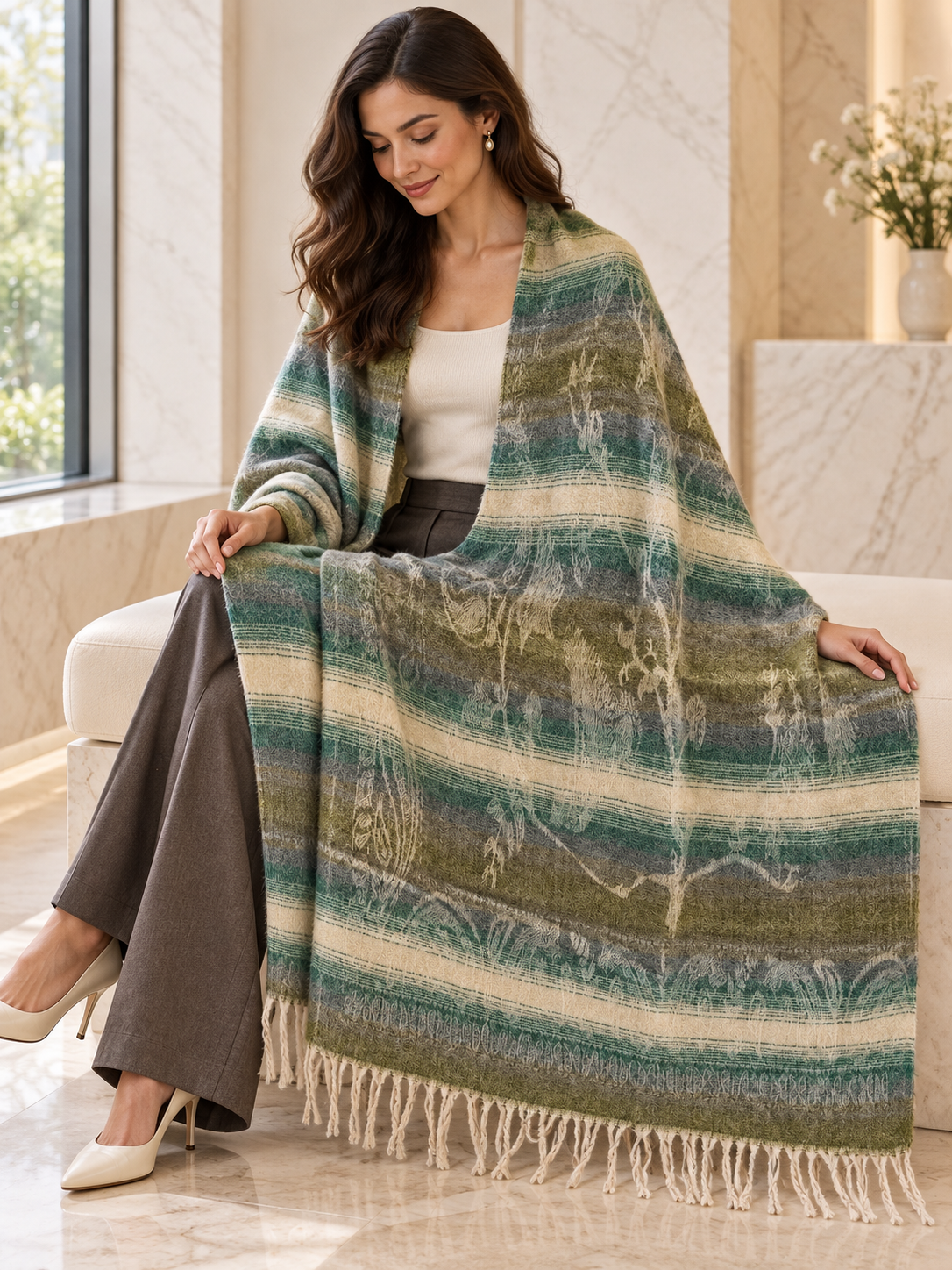 Weavers Villa Abstract Striped Woven Shawl with Fringe Finish For Women Soft Textured Feel, Lightweight Comfort , Easy Layering, Versatile Everyday Styling