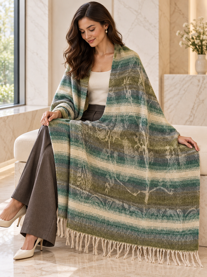 Weavers Villa Abstract Striped Woven Shawl with Fringe Finish For Women Soft Textured Feel, Lightweight Comfort , Easy Layering, Versatile Everyday Styling