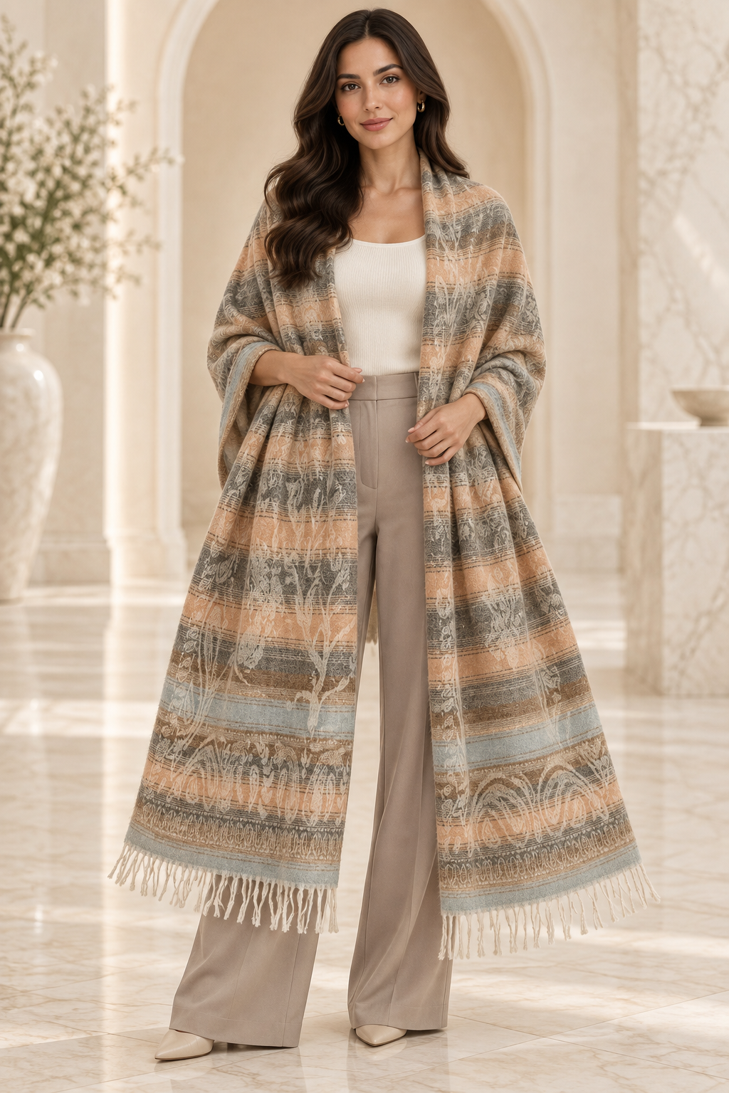 Weavers Villa Abstract Striped Woven Shawl with Fringe Finish For Women Soft Textured Feel, Lightweight Comfort , Easy Layering, Versatile Everyday Styling