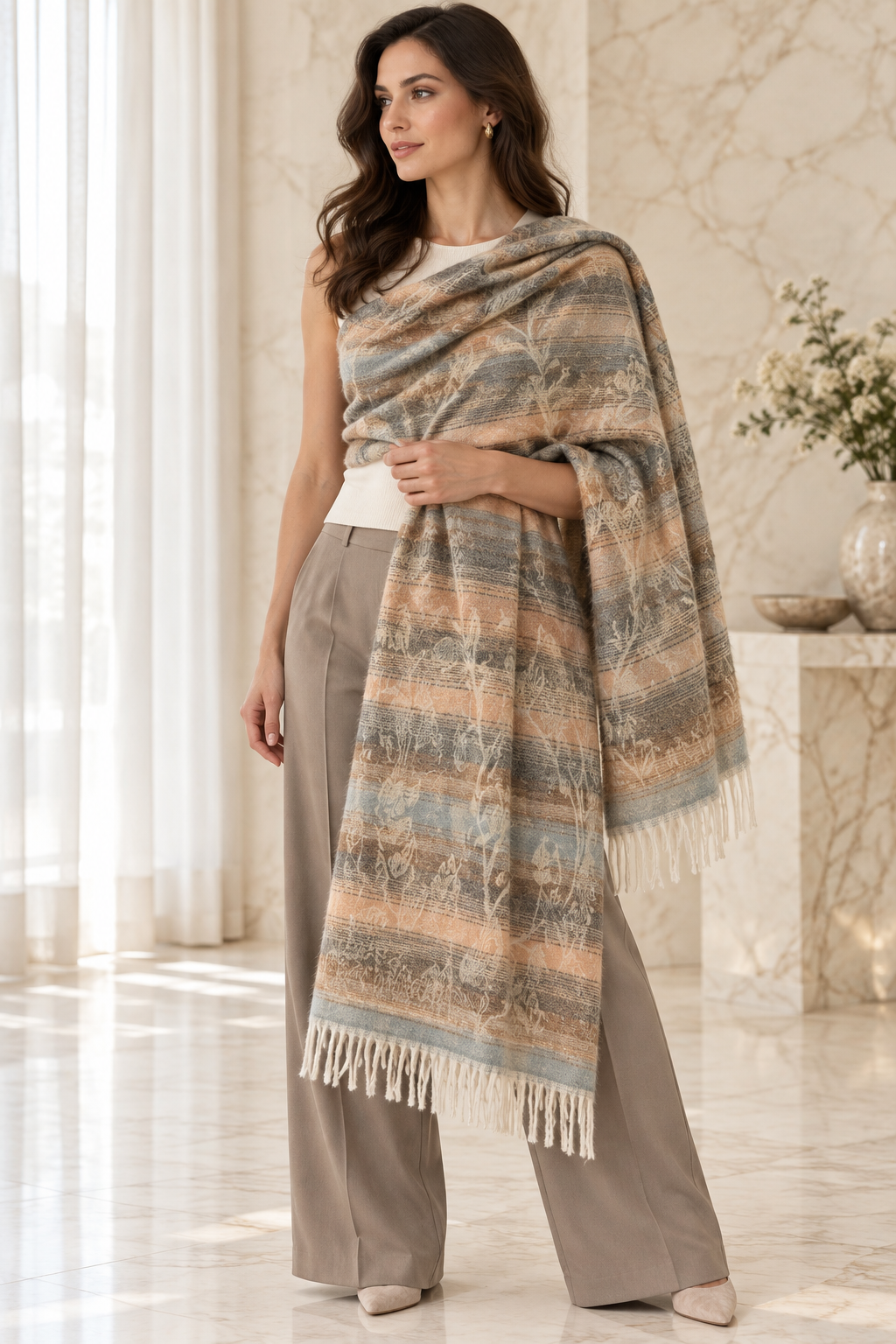 Weavers Villa Abstract Striped Woven Shawl with Fringe Finish For Women Soft Textured Feel, Lightweight Comfort , Easy Layering, Versatile Everyday Styling