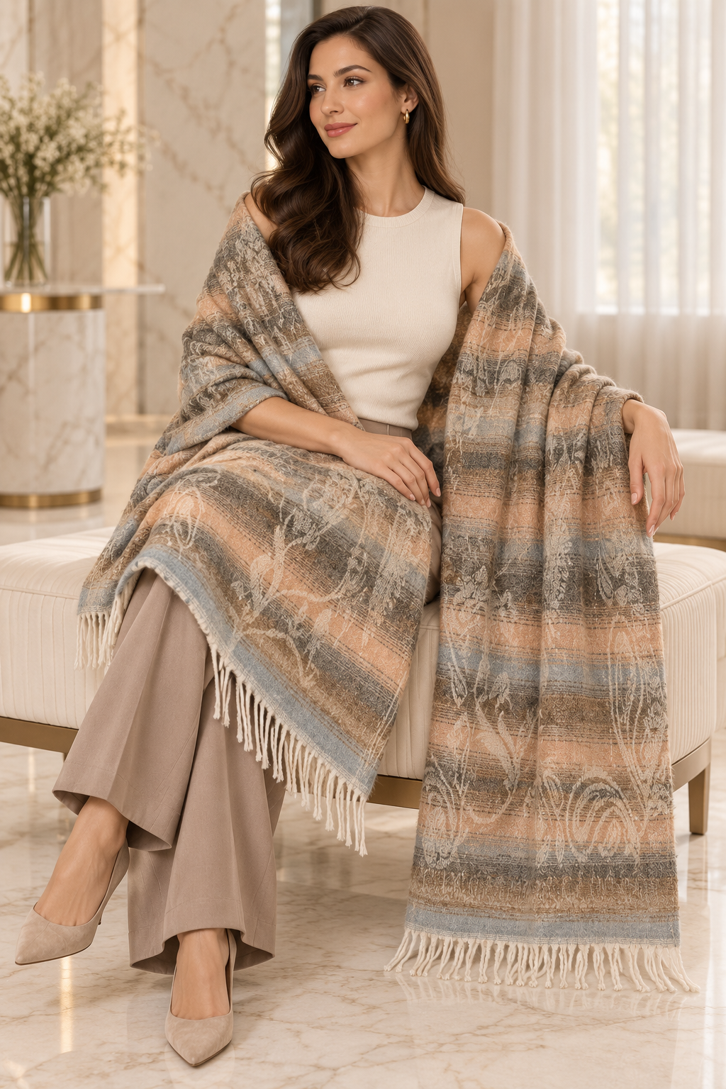 Weavers Villa Abstract Striped Woven Shawl with Fringe Finish For Women Soft Textured Feel, Lightweight Comfort , Easy Layering, Versatile Everyday Styling