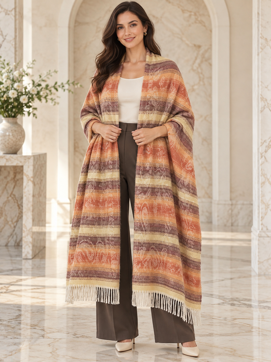 Weavers Villa Abstract Striped Woven Shawl with Fringe Finish For Women Soft Textured Feel, Lightweight Comfort , Easy Layering, Versatile Everyday Styling