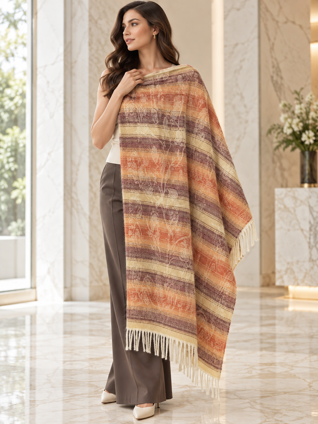 Weavers Villa Abstract Striped Woven Shawl with Fringe Finish For Women Soft Textured Feel, Lightweight Comfort , Easy Layering, Versatile Everyday Styling