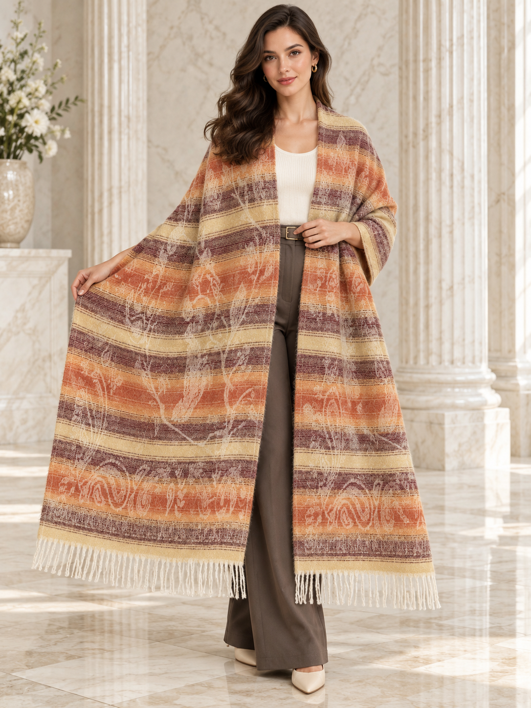 Weavers Villa Abstract Striped Woven Shawl with Fringe Finish For Women Soft Textured Feel, Lightweight Comfort , Easy Layering, Versatile Everyday Styling