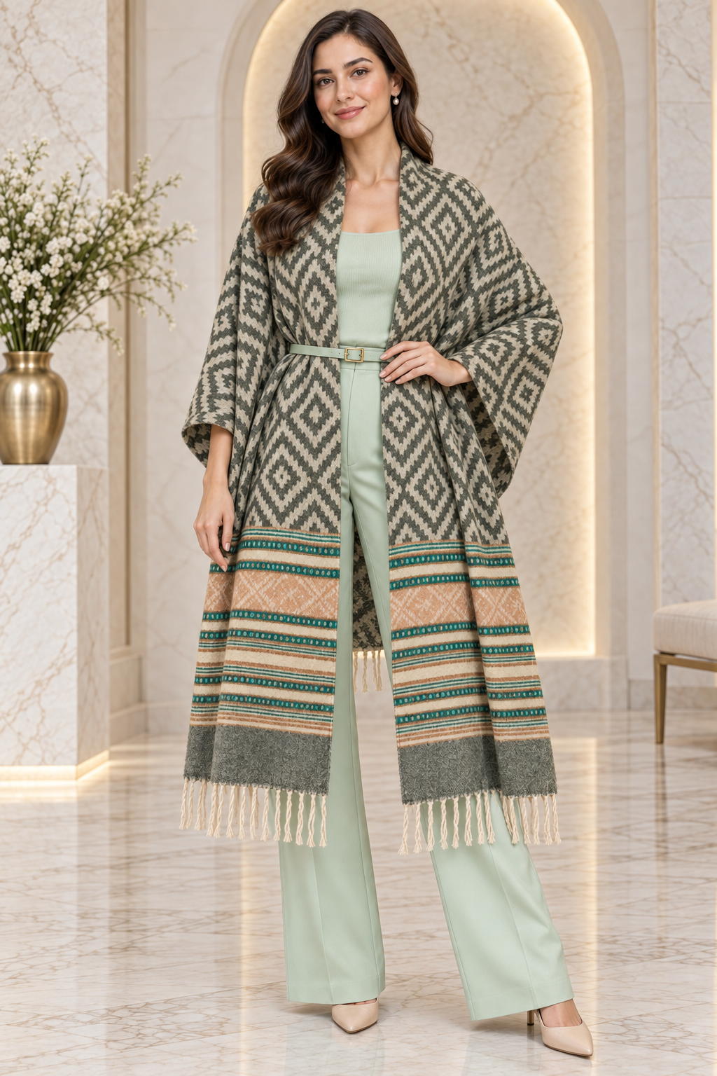 Weavers Villa Geometric Diamond Woven Shawl with Striped Border and Fringe For Women Soft Textured Feel, Lightweight Comfort , Easy Layering, Versatile Everyday Styling