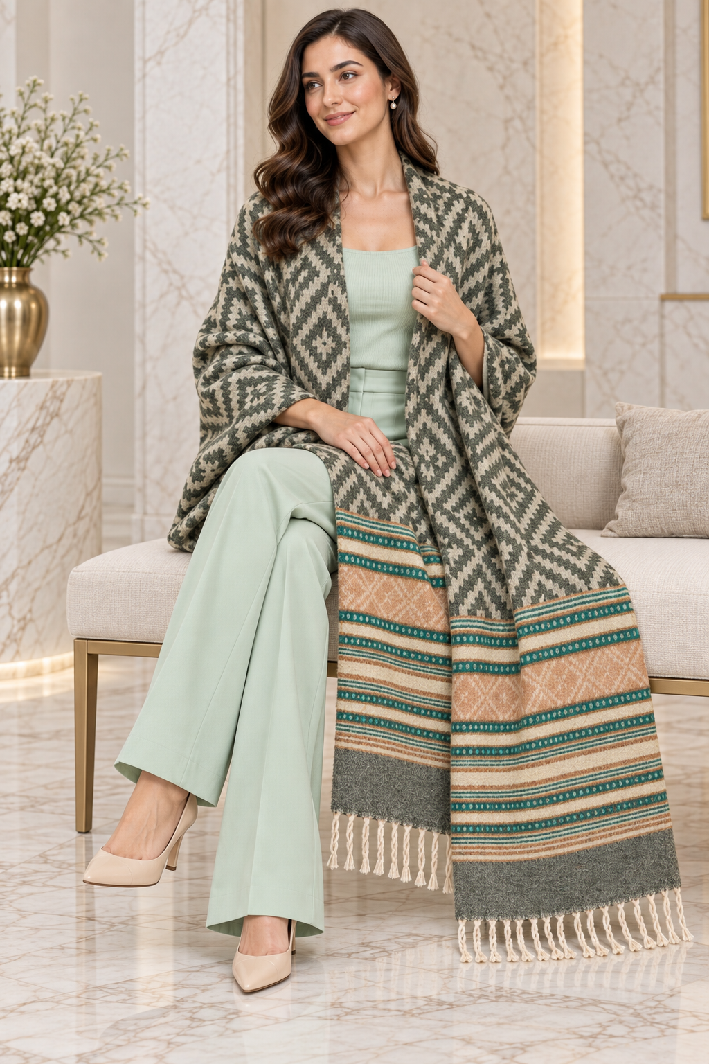 Weavers Villa Geometric Diamond Woven Shawl with Striped Border and Fringe For Women Soft Textured Feel, Lightweight Comfort , Easy Layering, Versatile Everyday Styling