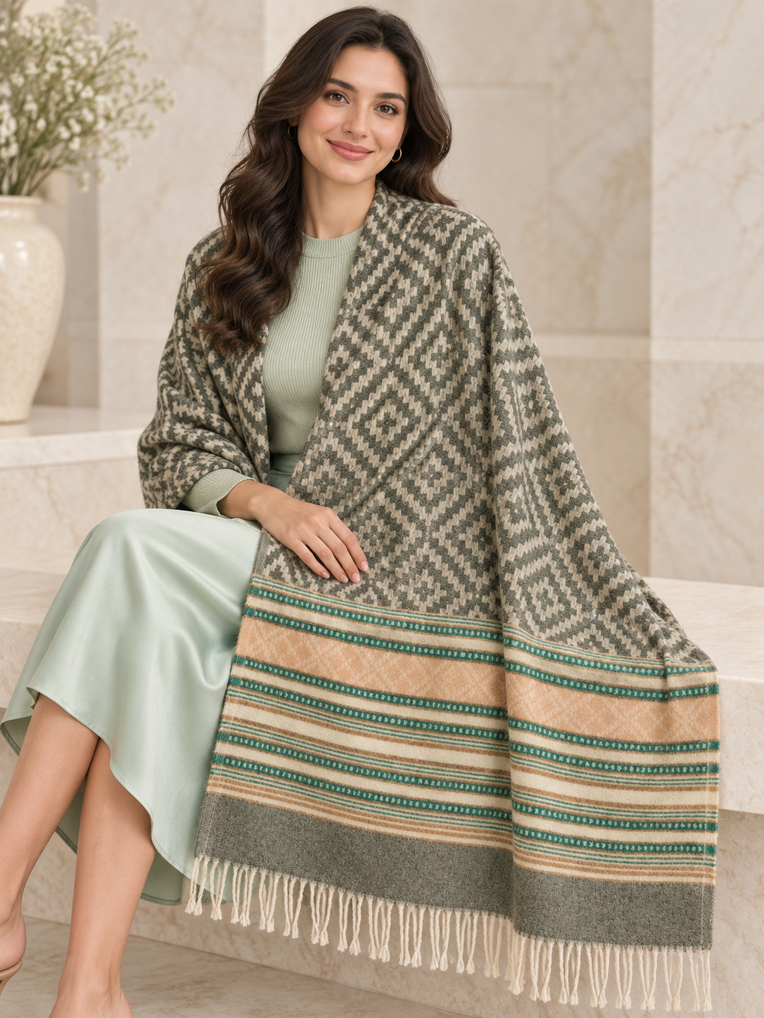Weavers Villa Geometric Diamond Woven Shawl with Striped Border and Fringe For Women Soft Textured Feel, Lightweight Comfort , Easy Layering, Versatile Everyday Styling