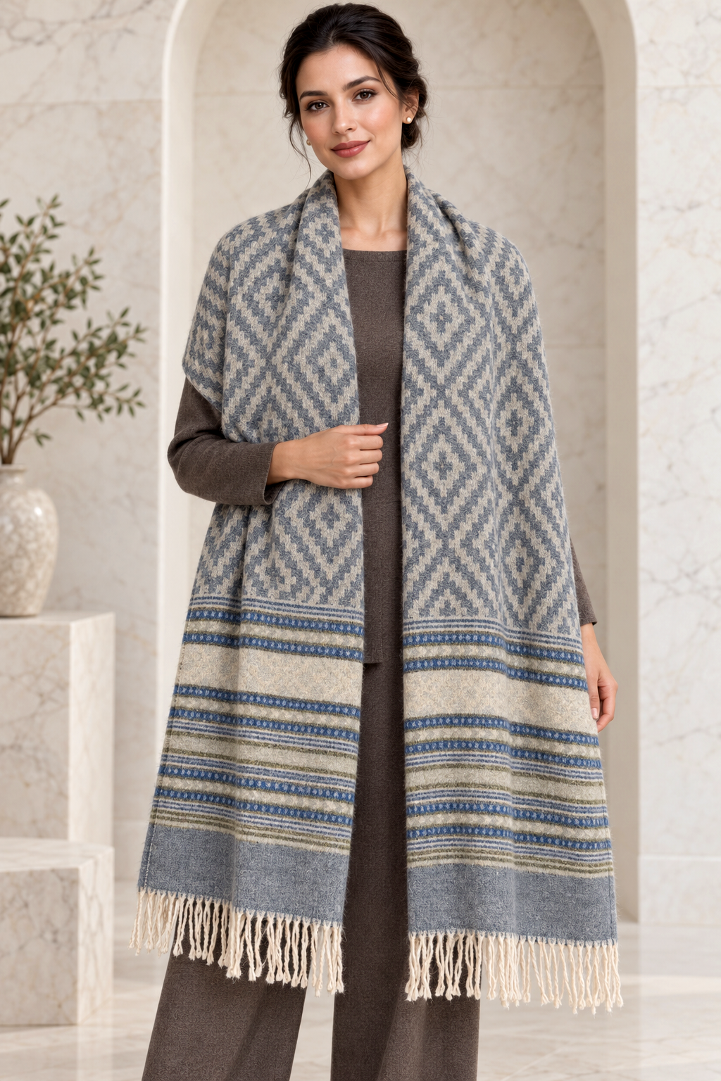 Weavers Villa Geometric Diamond Woven Shawl with Striped Border and Fringe For Women Soft Textured Feel, Lightweight Comfort , Easy Layering, Versatile Everyday Styling
