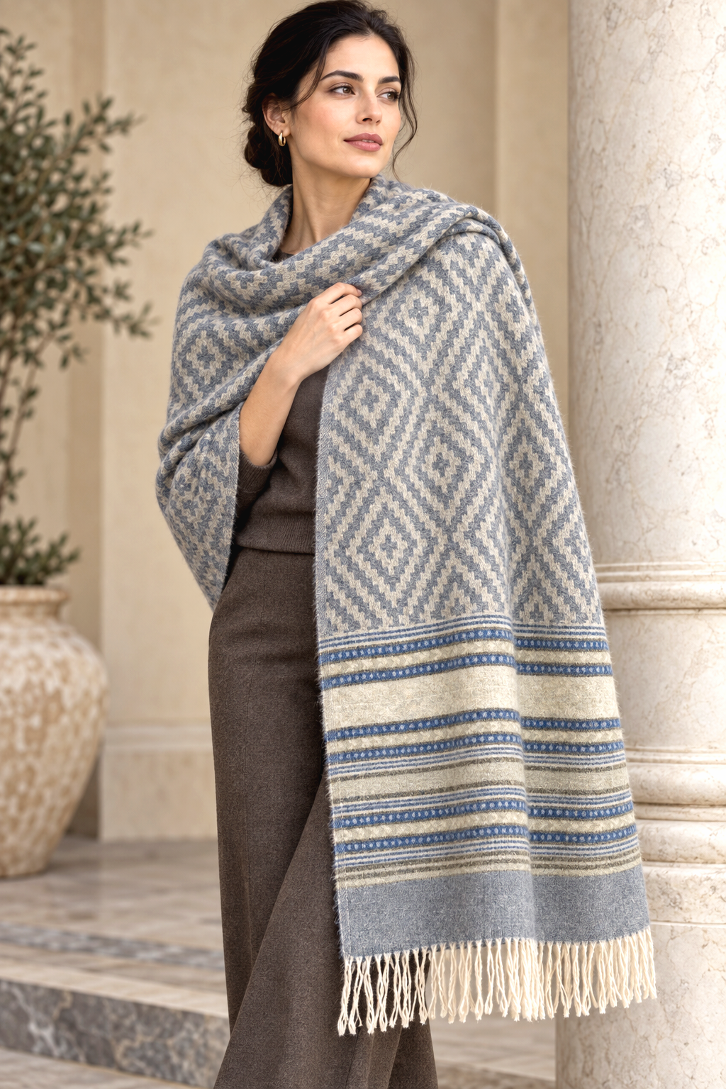 Weavers Villa Geometric Diamond Woven Shawl with Striped Border and Fringe For Women Soft Textured Feel, Lightweight Comfort , Easy Layering, Versatile Everyday Styling