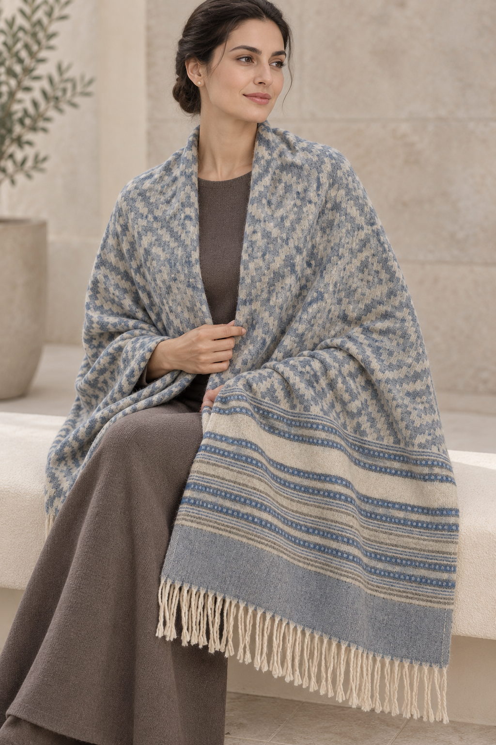 Weavers Villa Geometric Diamond Woven Shawl with Striped Border and Fringe For Women Soft Textured Feel, Lightweight Comfort , Easy Layering, Versatile Everyday Styling