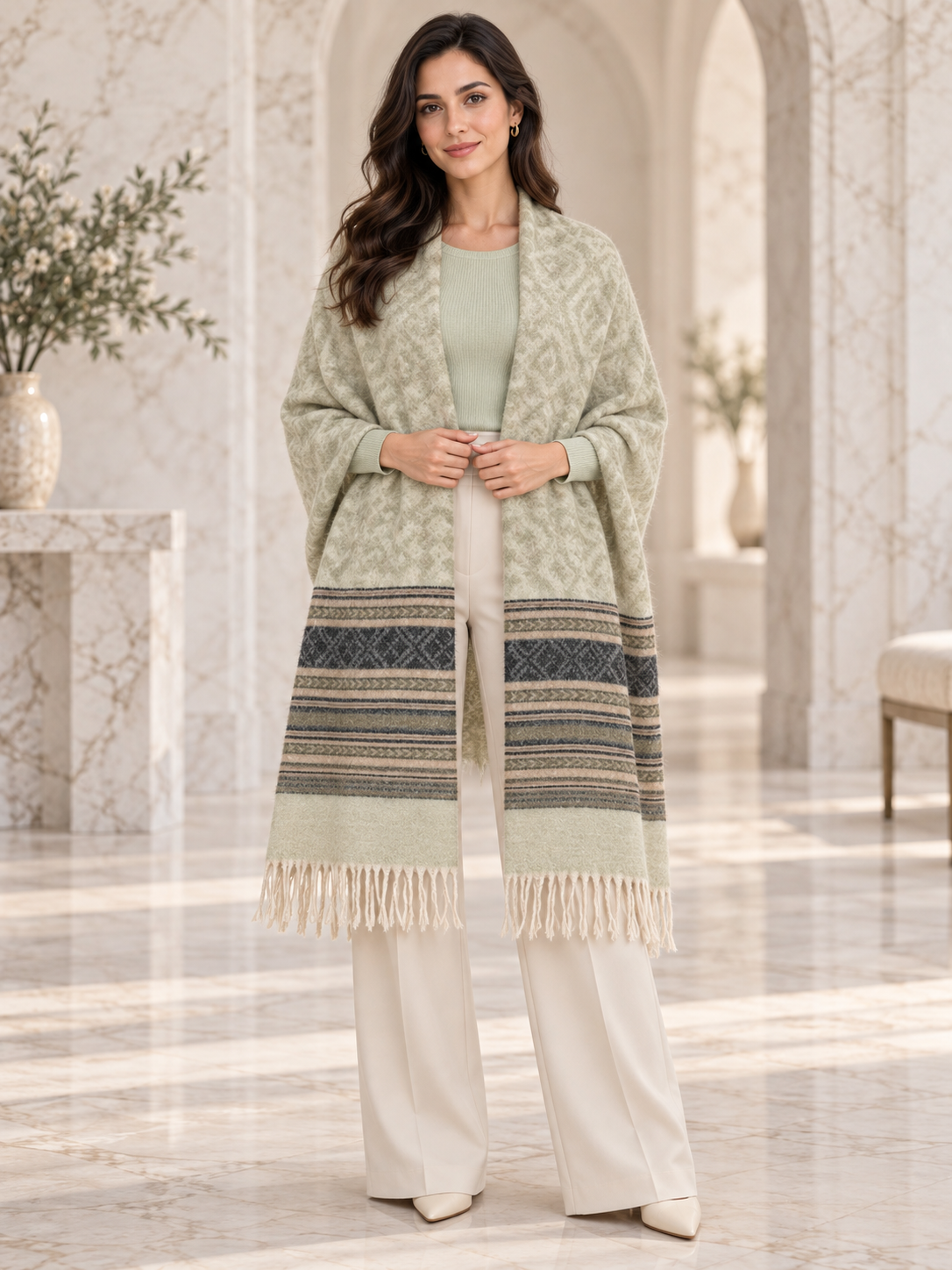 Weavers Villa Geometric Diamond Woven Shawl with Striped Border and Fringe For Women Soft Textured Feel, Lightweight Comfort , Easy Layering, Versatile Everyday Styling