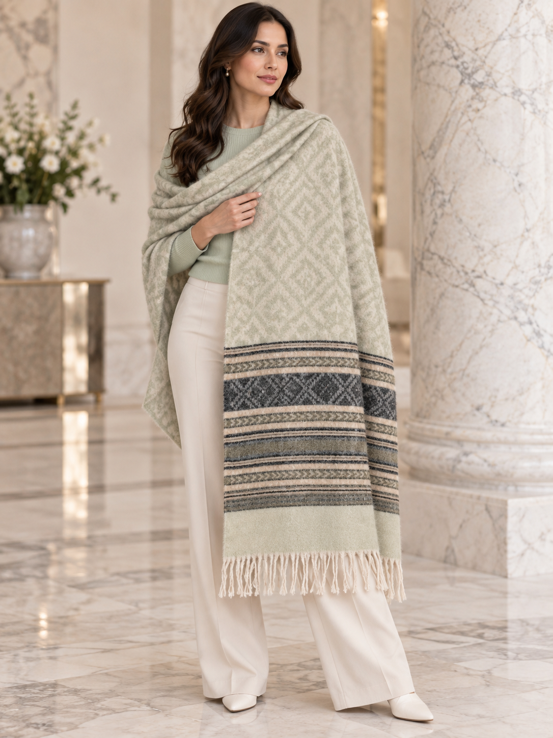Weavers Villa Geometric Diamond Woven Shawl with Striped Border and Fringe For Women Soft Textured Feel, Lightweight Comfort , Easy Layering, Versatile Everyday Styling