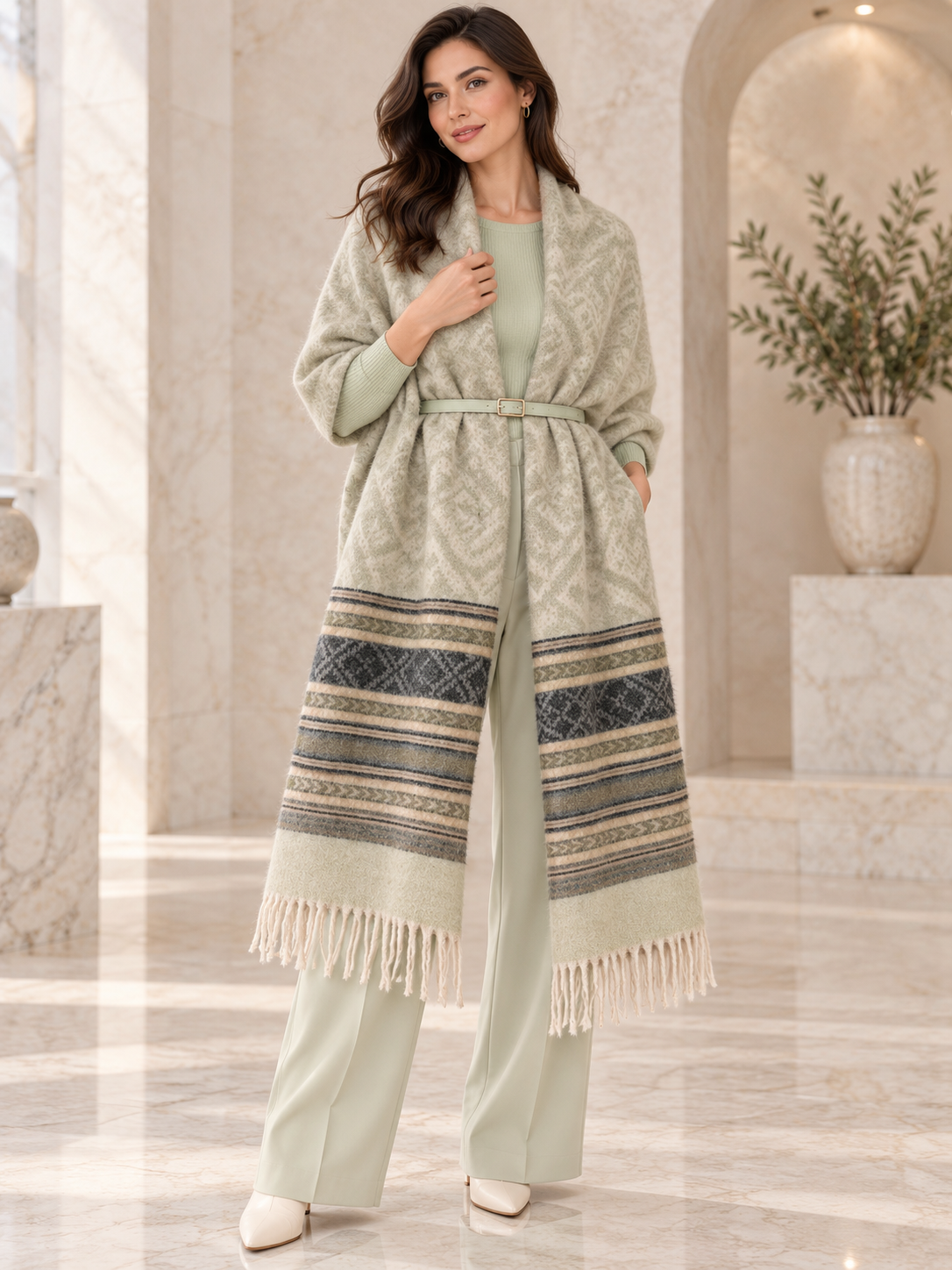 Weavers Villa Geometric Diamond Woven Shawl with Striped Border and Fringe For Women Soft Textured Feel, Lightweight Comfort , Easy Layering, Versatile Everyday Styling