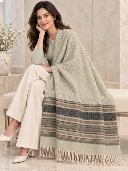 Weavers Villa Geometric Diamond Woven Shawl with Striped Border and Fringe For Women Soft Textured Feel, Lightweight Comfort , Easy Layering, Versatile Everyday Styling