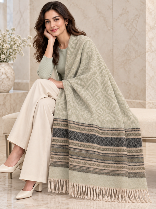 Weavers Villa Geometric Diamond Woven Shawl with Striped Border and Fringe For Women Soft Textured Feel, Lightweight Comfort , Easy Layering, Versatile Everyday Styling