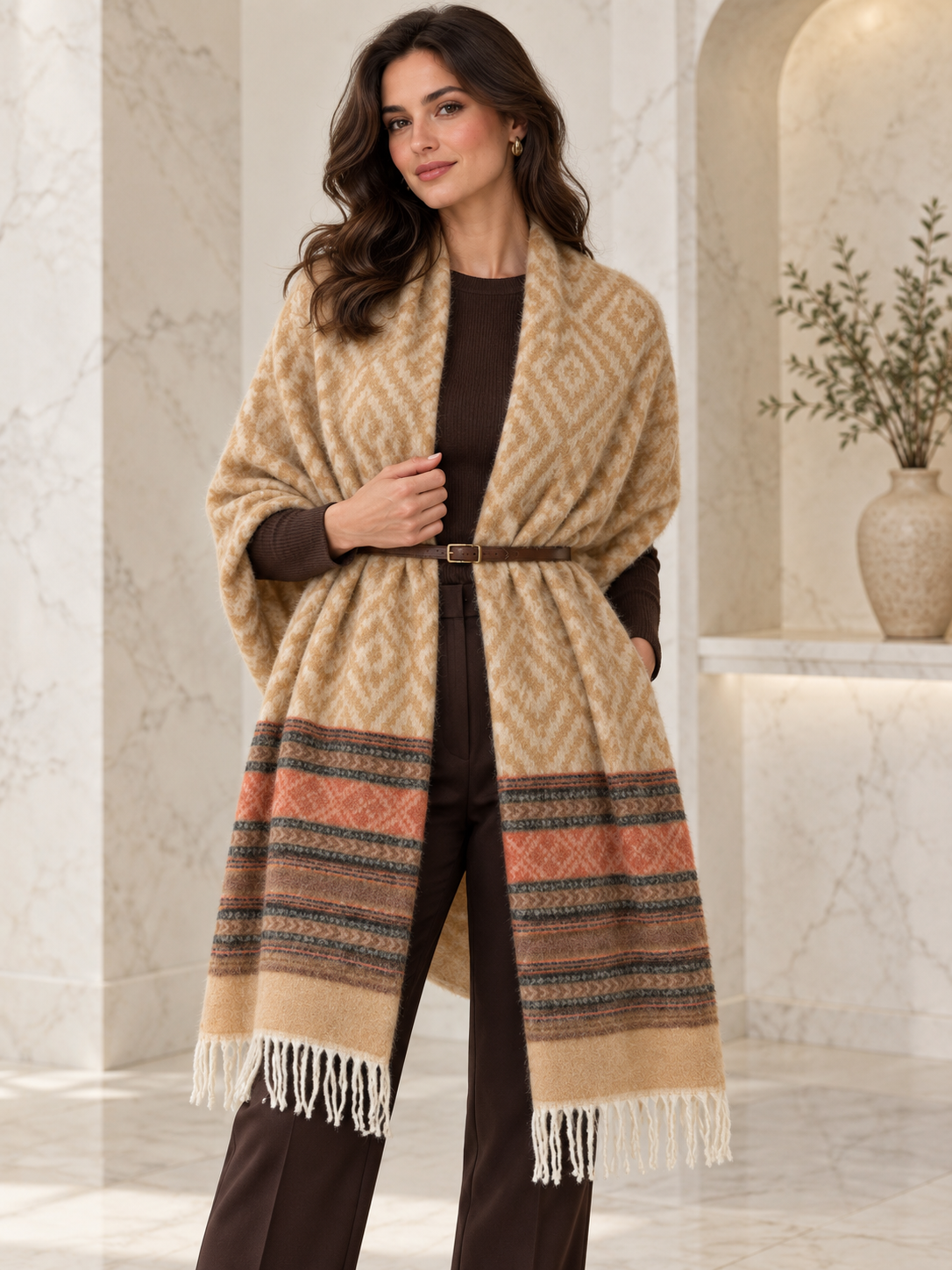 Weavers Villa Geometric Diamond Woven Shawl with Striped Border and Fringe For Women Soft Textured Feel, Lightweight Comfort , Easy Layering, Versatile Everyday Styling