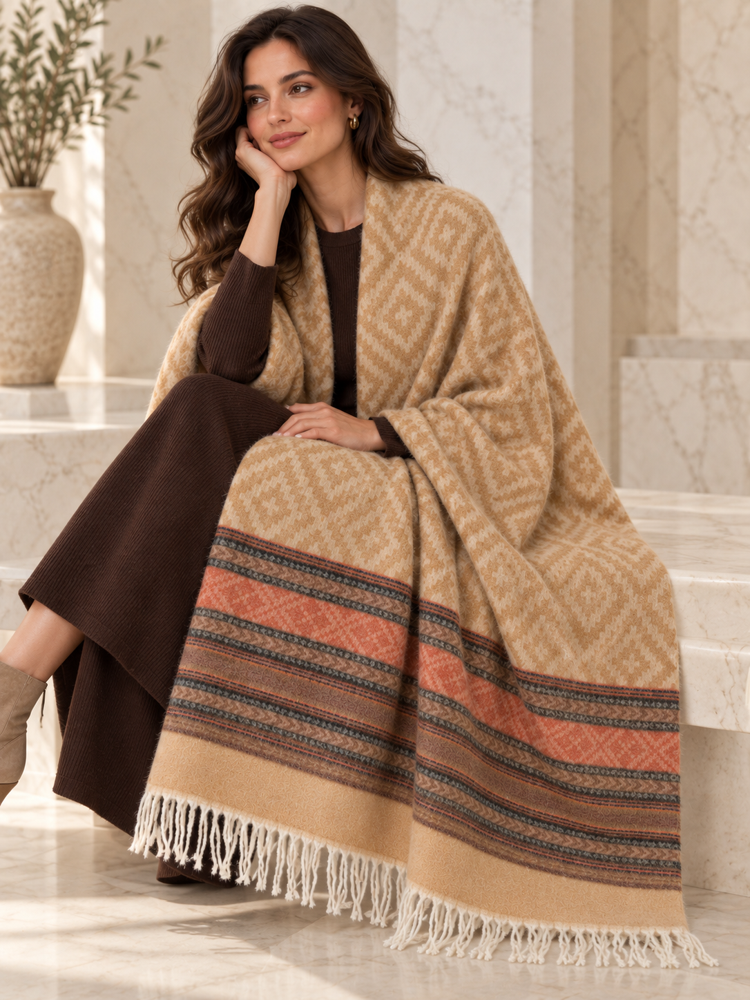 Weavers Villa Geometric Diamond Woven Shawl with Striped Border and Fringe For Women Soft Textured Feel, Lightweight Comfort , Easy Layering, Versatile Everyday Styling
