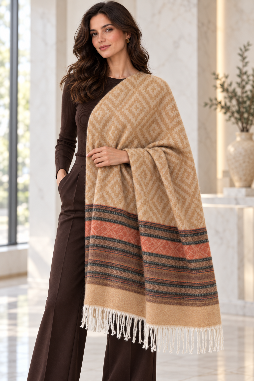 Weavers Villa Geometric Diamond Woven Shawl with Striped Border and Fringe For Women Soft Textured Feel, Lightweight Comfort , Easy Layering, Versatile Everyday Styling