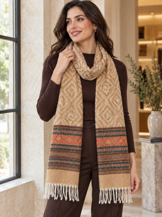 Weavers Villa Geometric Diamond Woven Shawl with Striped Border and Fringe For Women Soft Textured Feel, Lightweight Comfort , Easy Layering, Versatile Everyday Styling