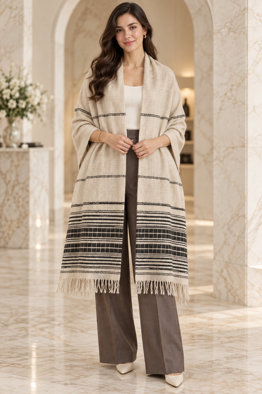 Weavers Villa Minimal Striped Woven Shawl with Fringe Finish For Women Soft Textured Feel, Lightweight Comfort , Easy Layering, Versatile Everyday Styling