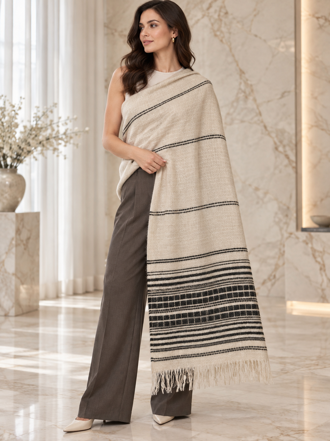 Weavers Villa Minimal Striped Woven Shawl with Fringe Finish For Women Soft Textured Feel, Lightweight Comfort , Easy Layering, Versatile Everyday Styling