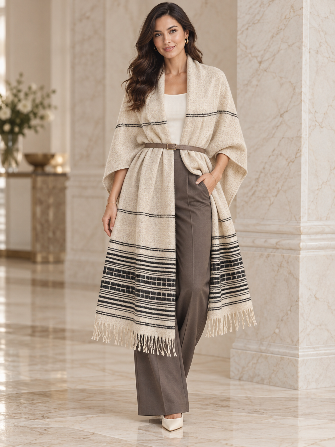 Weavers Villa Minimal Striped Woven Shawl with Fringe Finish For Women Soft Textured Feel, Lightweight Comfort , Easy Layering, Versatile Everyday Styling