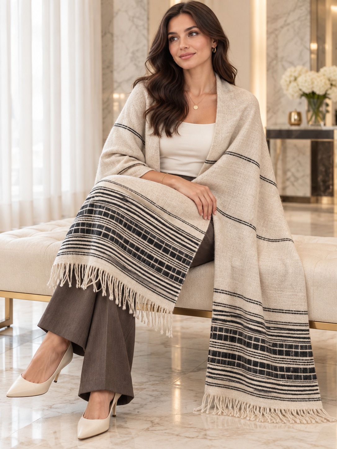 Weavers Villa Minimal Striped Woven Shawl with Fringe Finish For Women Soft Textured Feel, Lightweight Comfort , Easy Layering, Versatile Everyday Styling