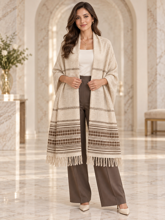 Weavers Villa Minimal Striped Woven Shawl with Fringe Finish For Women Soft Textured Feel, Lightweight Comfort , Easy Layering, Versatile Everyday Styling