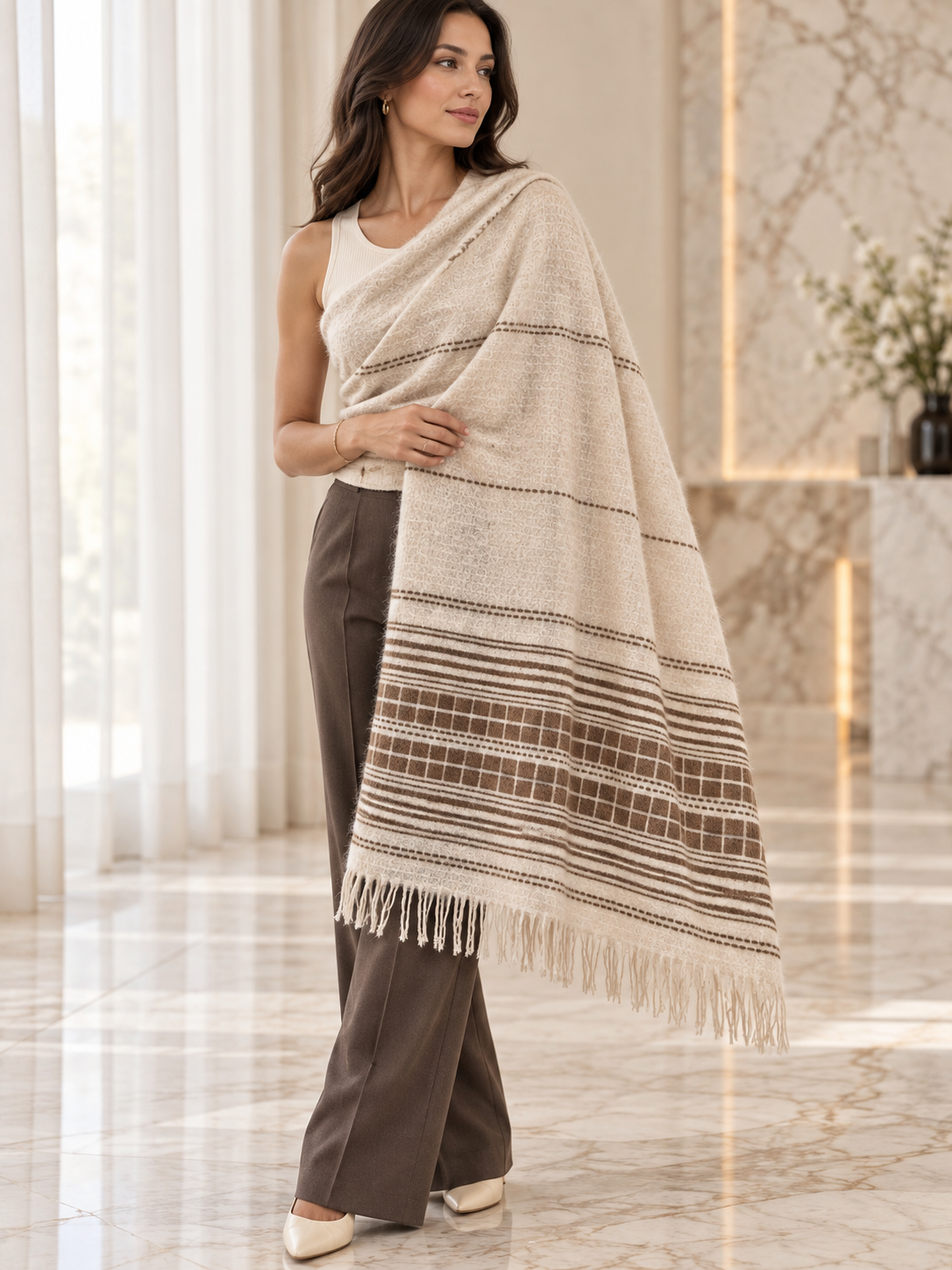 Weavers Villa Minimal Striped Woven Shawl with Fringe Finish For Women Soft Textured Feel, Lightweight Comfort , Easy Layering, Versatile Everyday Styling