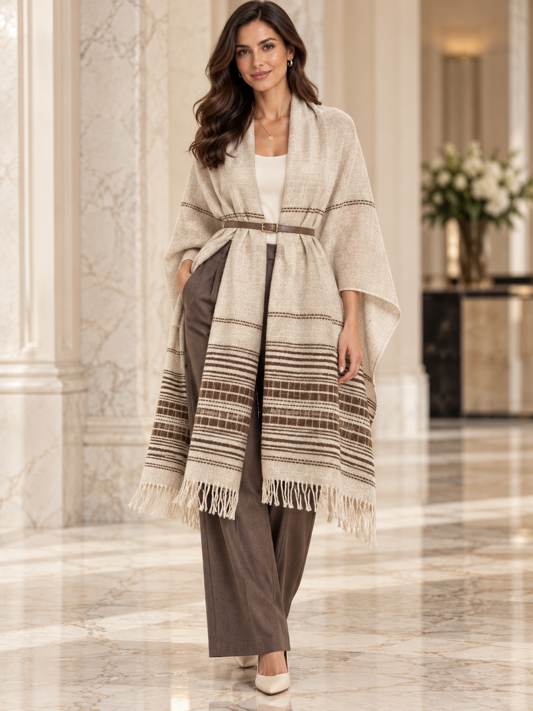Weavers Villa Minimal Striped Woven Shawl with Fringe Finish For Women Soft Textured Feel, Lightweight Comfort , Easy Layering, Versatile Everyday Styling