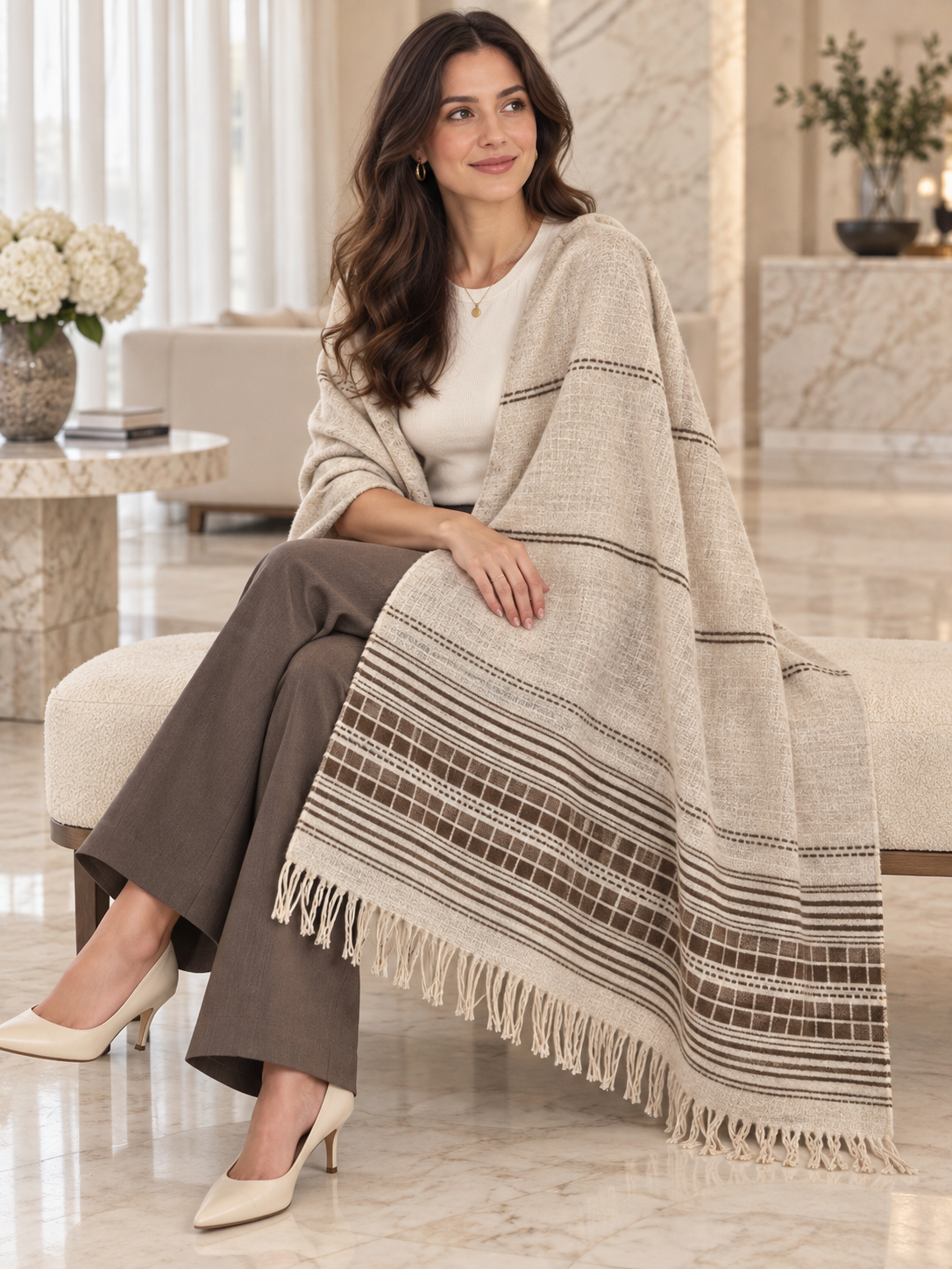 Weavers Villa Minimal Striped Woven Shawl with Fringe Finish For Women Soft Textured Feel, Lightweight Comfort , Easy Layering, Versatile Everyday Styling