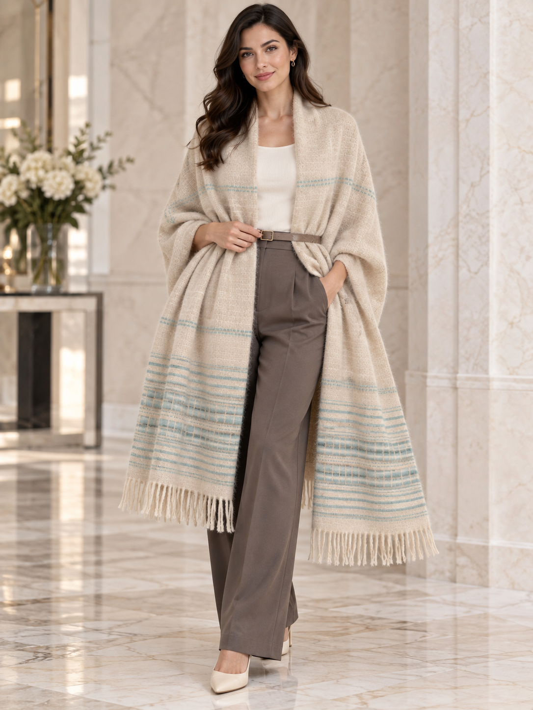 Weavers Villa Minimal Striped Woven Shawl with Fringe Finish For Women Soft Textured Feel, Lightweight Comfort , Easy Layering, Versatile Everyday Styling