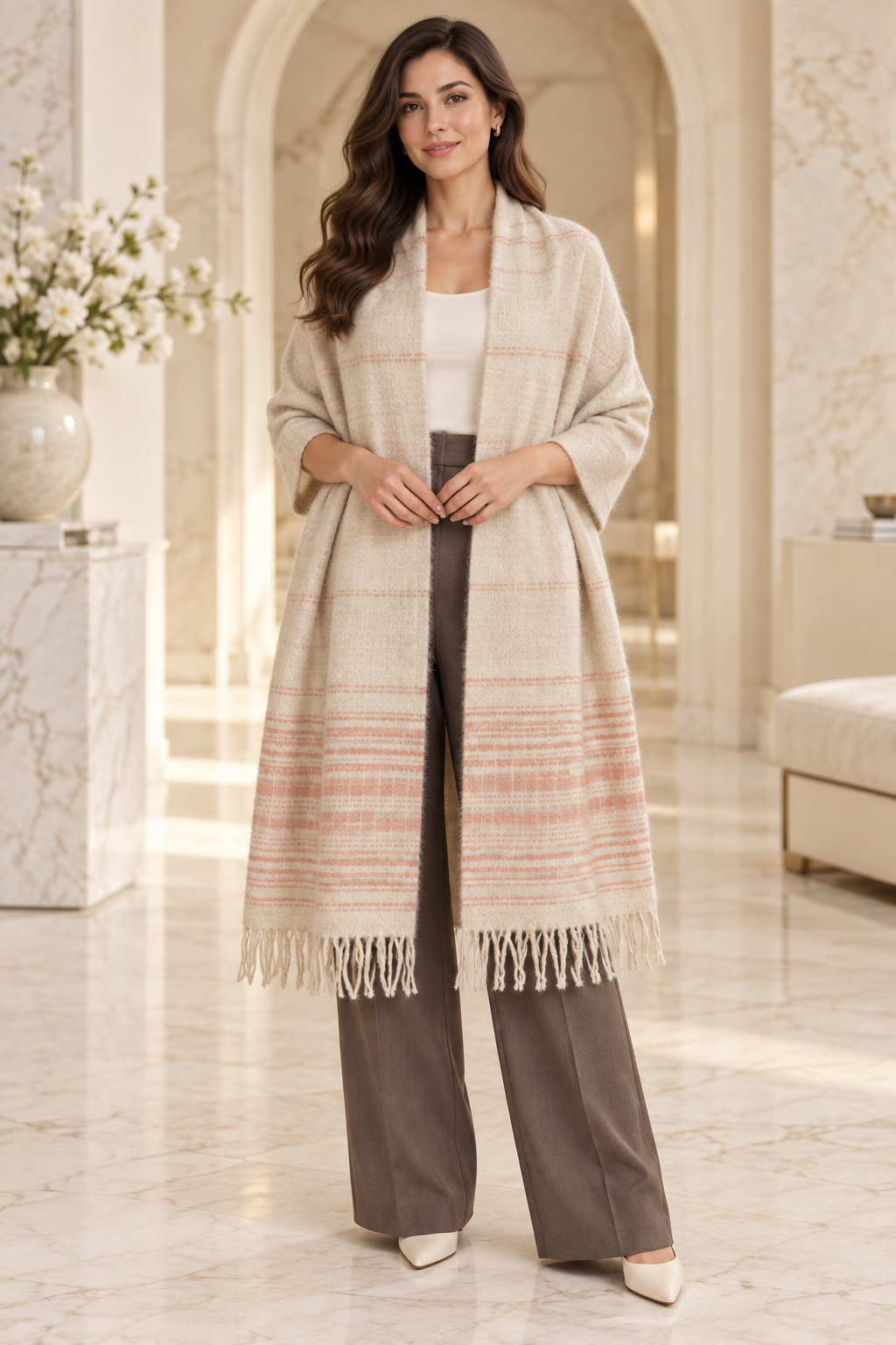 Weavers Villa Minimal Striped Woven Shawl with Fringe Finish For Women Soft Textured Feel, Lightweight Comfort , Easy Layering, Versatile Everyday Styling