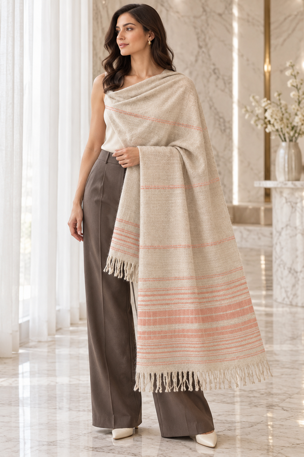 Weavers Villa Minimal Striped Woven Shawl with Fringe Finish For Women Soft Textured Feel, Lightweight Comfort , Easy Layering, Versatile Everyday Styling
