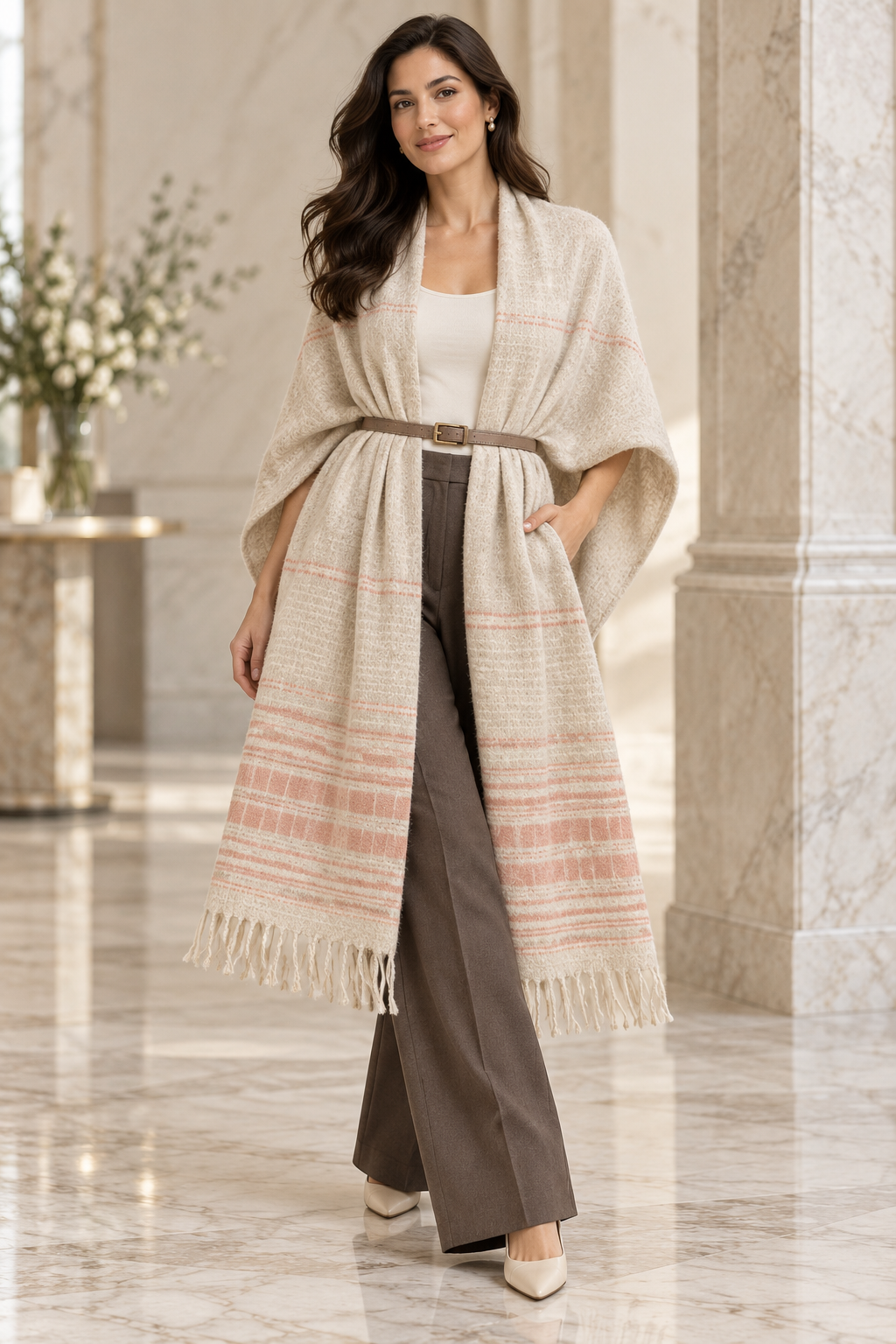 Weavers Villa Minimal Striped Woven Shawl with Fringe Finish For Women Soft Textured Feel, Lightweight Comfort , Easy Layering, Versatile Everyday Styling