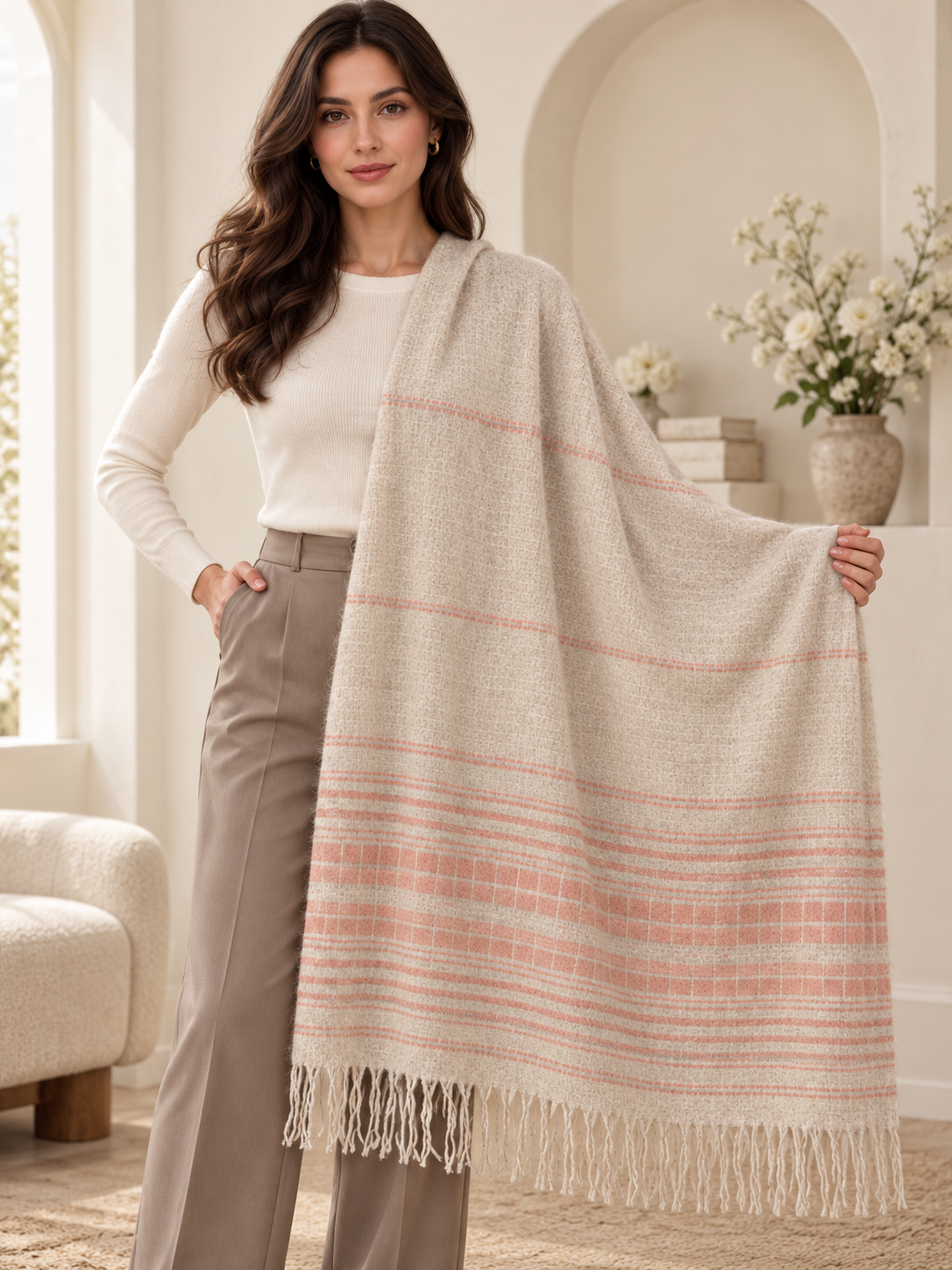 Weavers Villa Minimal Striped Woven Shawl with Fringe Finish For Women Soft Textured Feel, Lightweight Comfort , Easy Layering, Versatile Everyday Styling