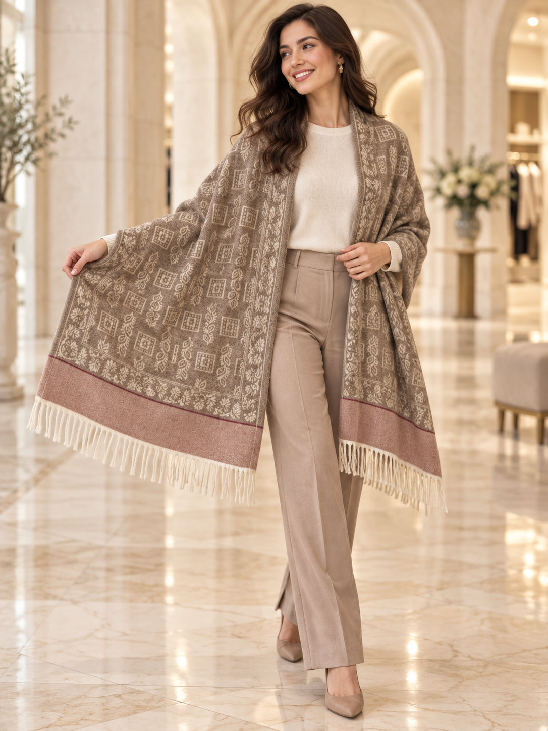 Elegant Woven Shawl with Floral Border and Fringe Finish For Women Soft Textured Feel, Lightweight Comfort , Easy Layering, Versatile Everyday Styling