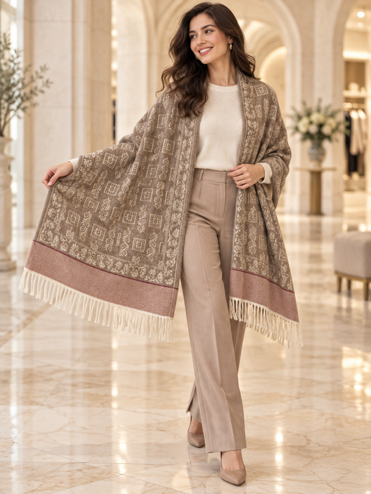 Elegant Woven Shawl with Floral Border and Fringe Finish For Women Soft Textured Feel, Lightweight Comfort , Easy Layering, Versatile Everyday Styling