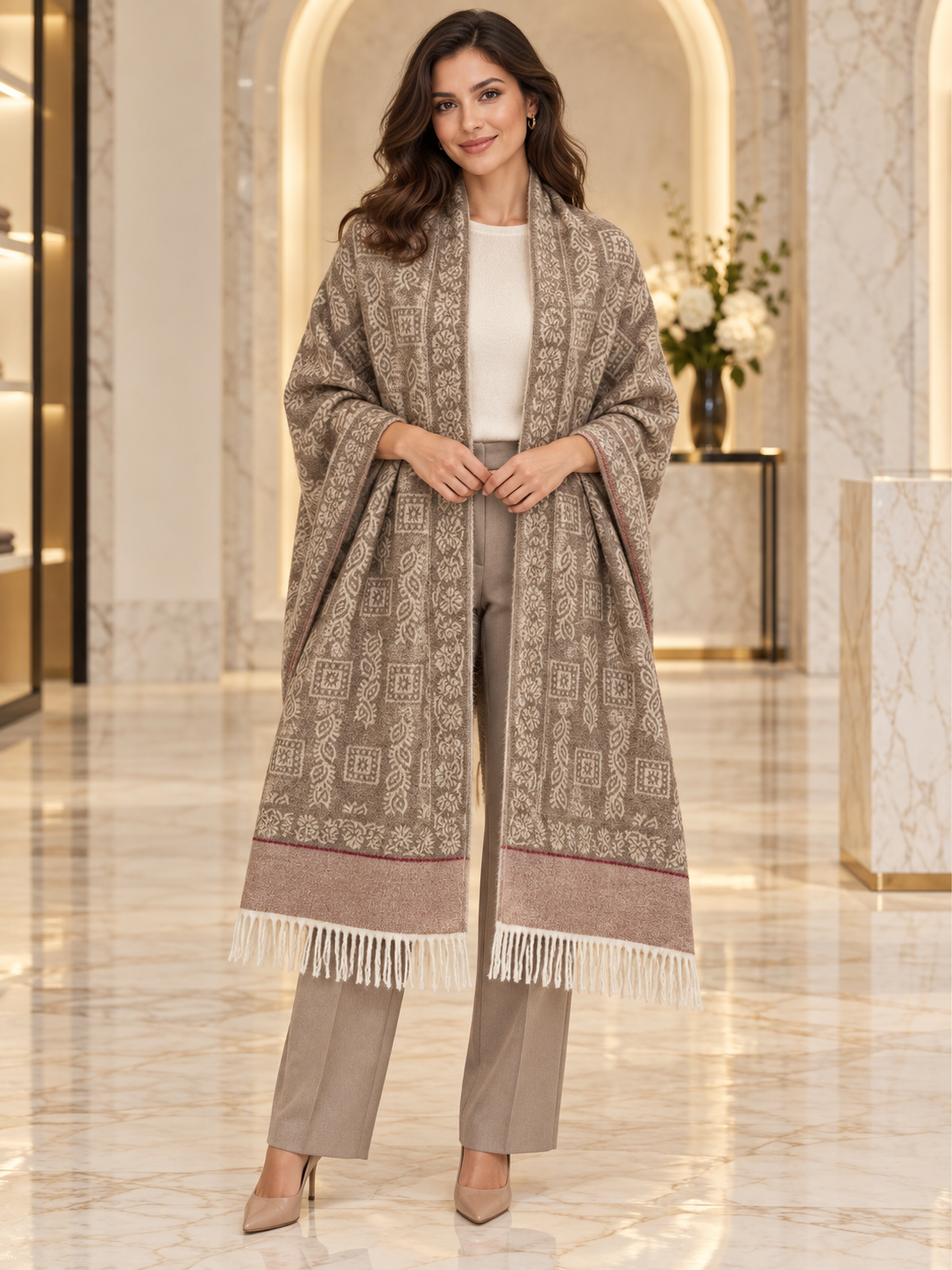 Elegant Woven Shawl with Floral Border and Fringe Finish For Women Soft Textured Feel, Lightweight Comfort , Easy Layering, Versatile Everyday Styling