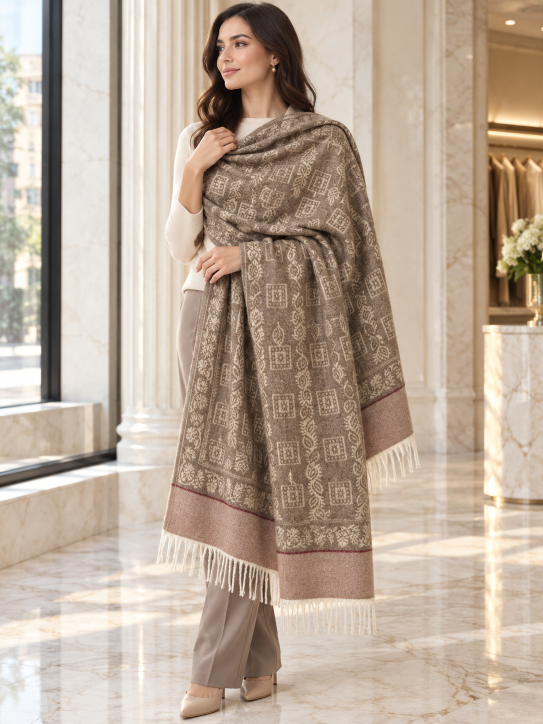Elegant Woven Shawl with Floral Border and Fringe Finish For Women Soft Textured Feel, Lightweight Comfort , Easy Layering, Versatile Everyday Styling