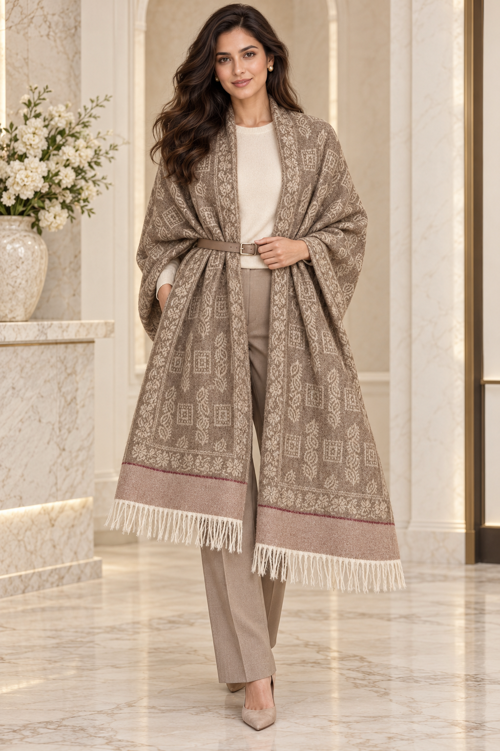 Elegant Woven Shawl with Floral Border and Fringe Finish For Women Soft Textured Feel, Lightweight Comfort , Easy Layering, Versatile Everyday Styling