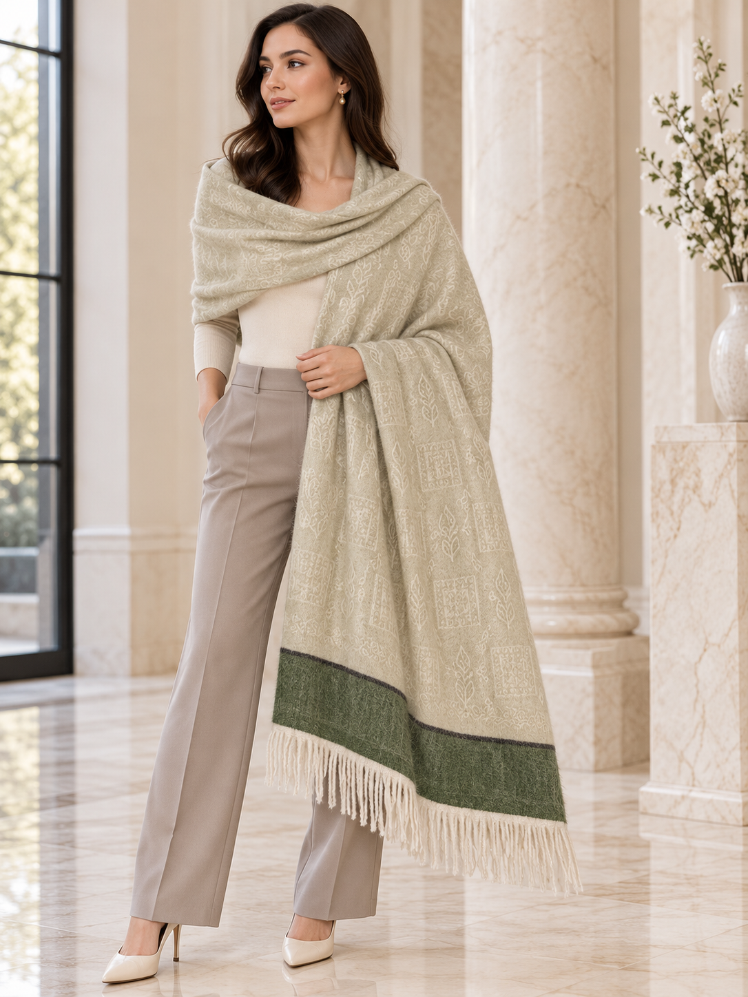 Elegant Woven Shawl with Floral Border and Fringe Finish For Women Soft Textured Feel, Lightweight Comfort , Easy Layering, Versatile Everyday Styling